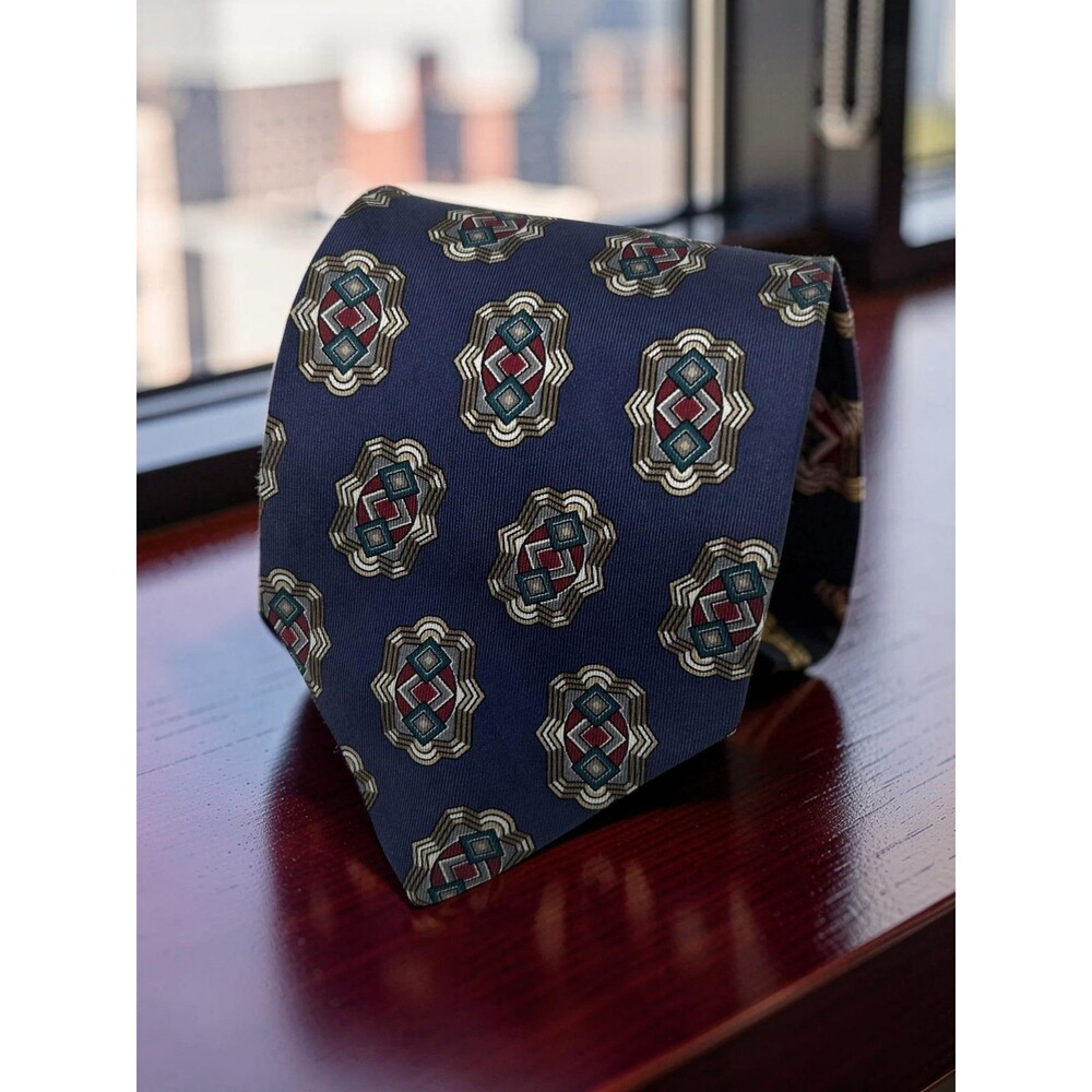 Robert Talbott for Franco’s Men’s Silk Tie Navy Blue Geometric Hand Sewn USA